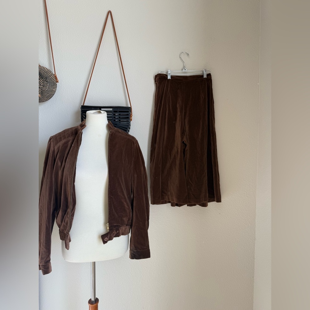 Vintage Abvien Brown Velvet Jacket & Culottes Pants 2Piece Set, 7/8